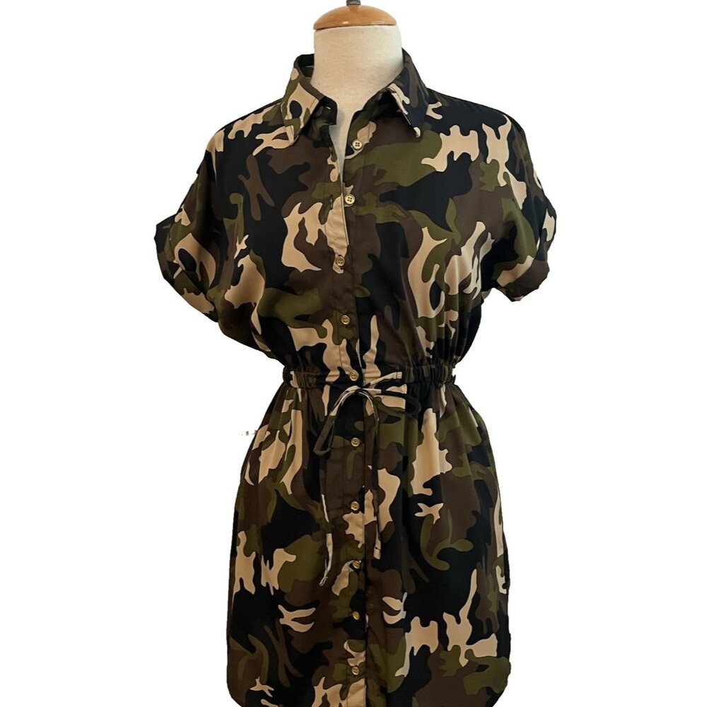 Camo Romper Dress Size Small Camouflage Print Button Front Tie Waist 34 Bust